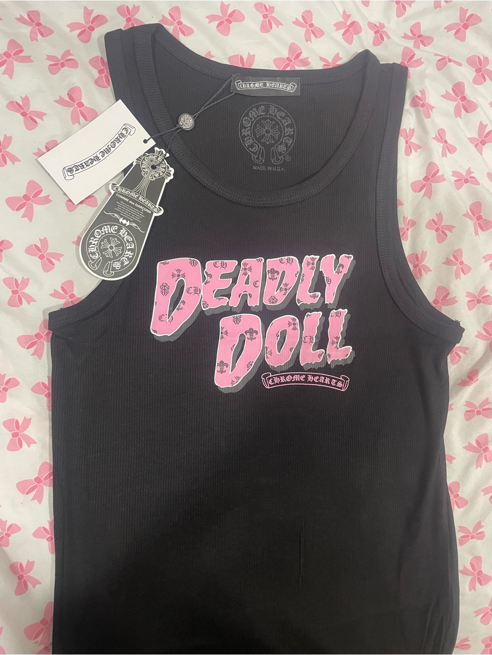 Chrome hearts deadly doll Graphic Tank Top with Pink Floral Cross Design - Picture 2 of 4